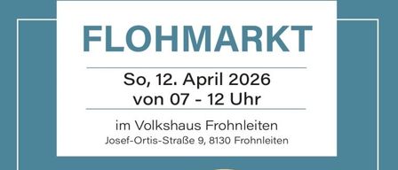 An April 12, 2020, from 7-12 PM, a car with many items in its trunk and a sale sign is shown. There are tables, clothes, and toys. The location is Volkshaus Frohnleiten.
