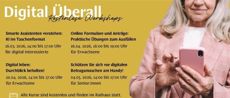Plakat für Digital Überall Workshops. Kostenlose Veranstaltungen im Rathaus. Smartphone oder Laptop mitbringen. Anmeldung unter 03126/5043 oder gemeinde@frohnleiten.com.