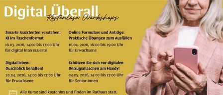 Poster for Digital Uberall workshops. Free workshops for adults on smart assistants, online forms, and digital safety. Contact: frohnlleiten.com. Powered by Digital Austria.