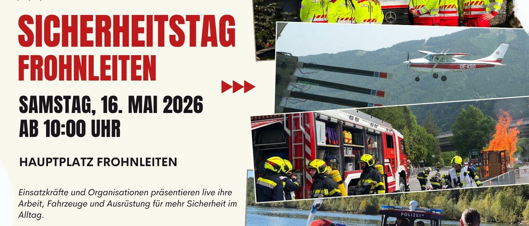 Ein Plakat zeigt Rettungsdienste mit Ausrüstung, Feuerwehrautos und Booten. Der Text lautet 'Heitstage', 'Mai 2026' und 'ohnleiten'. Es zeigt auch eine Gruppe von Personen in gelben Uniformen.