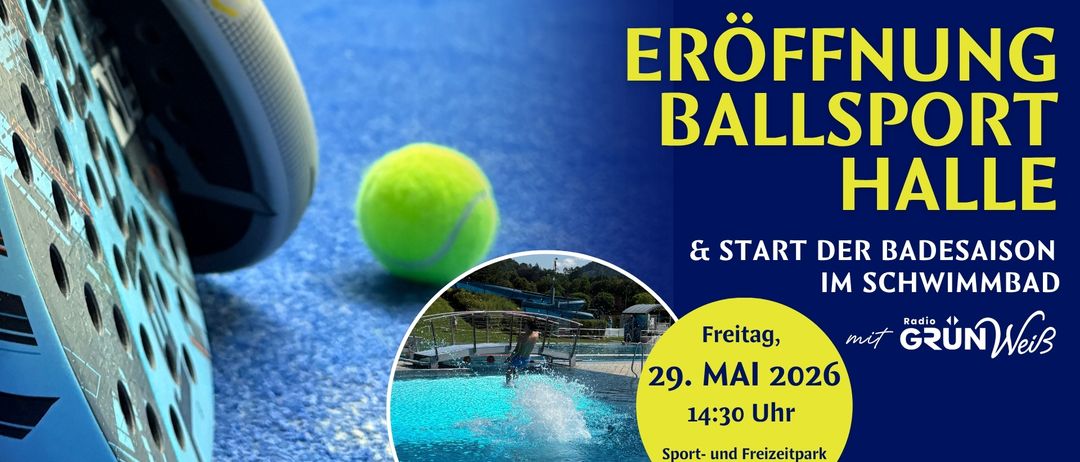 Plakat für eine Tennisveranstaltung am 29. Mai 2026 um 14:30 im Sport-und Freizeitpark Frohnleiten. Es zeigt ein Tennisschuh und Ball.