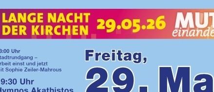 Plakat für eine Kirchenveranstaltung mit einer Orgel und einer künstlerischen Zeichnung. Es bewirbt eine Musiknacht am 29. Mai 2026 mit Hymnen und Orgelmusik.
