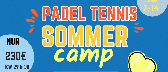 Padel Tennis Sommercamp für 230€, während KW 29 und 30, mit Aktivitäten von 8:30 Uhr bis 13:30 Uhr täglich. Mittagessen inklusive. Aktivitäten umfassen Padel Tennis, Pickleball und Badminton. Ausgerichtet im Padel Park Freizeitzentrum.
