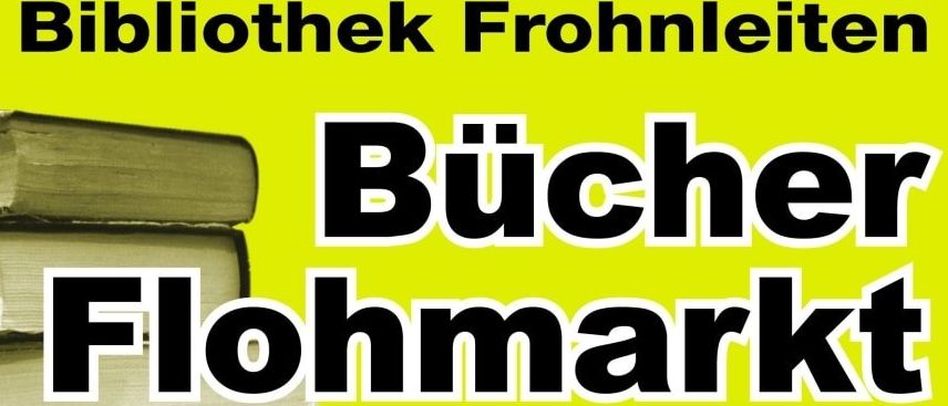 Ein Plakat für einen Buchflohmarkt im Jahr 2026 mit einem Stapel Büchern und Veranstaltungsdetails.
