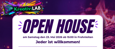 Open House-Veranstaltung im Kreativ:LAB am Samstag, den 23. Mai 2026, ab 15:00 Uhr. Jeder ist willkommen. Aktivitäten umfassen Grillen, Brettspiele und das Ausprobieren von Kreativmaterial. Kreativ:LAB ist ein Projekt von Chance B. QR-Code verfügbar.