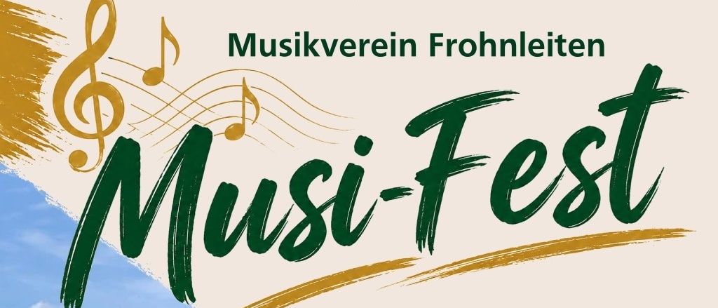 Werbeplakat für Musi-Fest am 27. Juni 2026 ab 16 Uhr im Rinnpark mit einem Dorf, Häusern, Bäumen und einer Kirche, zusammen mit Musiknoten.