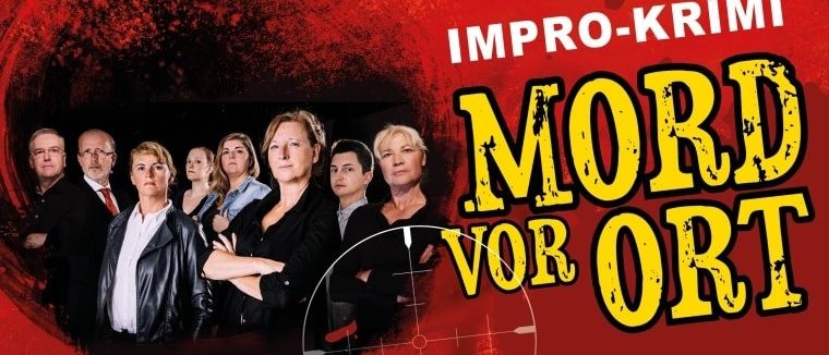 Plakat für eine Theaterveranstaltung in der Buch & Co. Bibliothek Frohnleiten. Es zeigt eine Gruppe von Menschen in formeller Kleidung und das Datum ist 26. Juli, 19:30 Uhr.