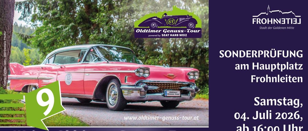 Das Bild ist eine Werbung für den Oldtimer Genuss-Tour, mit einem roten Oldtimer auf einer asphaltierten Straße und Bäumen. Das Datum 5. Juli 2026 ist angegeben.