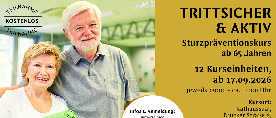 Ein älterer Mann mit weißem Bart und Schnurrbart lächelt in die Kamera. Er trägt ein graues Poloshirt. Darunter ist eine grüne Yogamatte zu sehen. Der Text lautet 'TRITT', 'Sturzpra', '12 Ku', 'jeweils 09', 'Infos & Anmeldung:', 'Bürgerservice, Tel.: 03126 5043-100, burgerservice@frohlleiten.com'. Logos für 'SVS' und 'Vorsorgemittel der Bundesgesundheitsagentur' befinden sich unten.