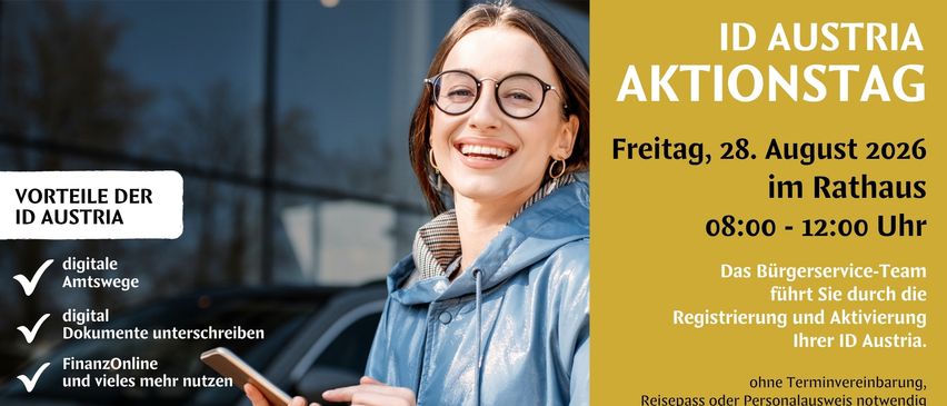 A woman wearing glasses and a blue raincoat is smiling and holding a phone in her hands. The image has a yellow border and text in German.