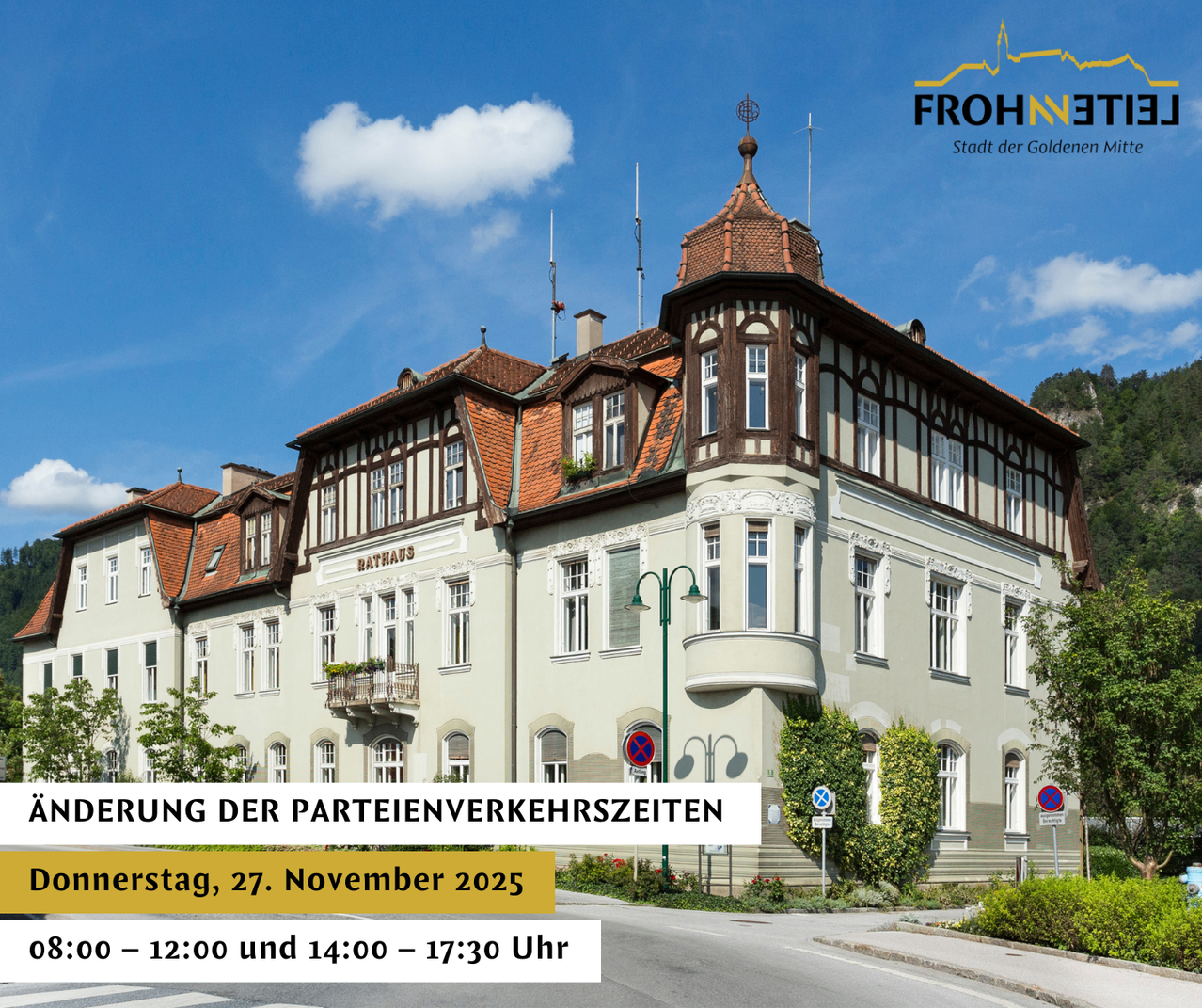 Ein Bild eines Gebäudes mit einem Schild, das die Öffnungszeiten der Partyverkehrszeiten anzeigt. Die Zeiten sind 12:00 und 14:00 bis 17:30 Uhr.