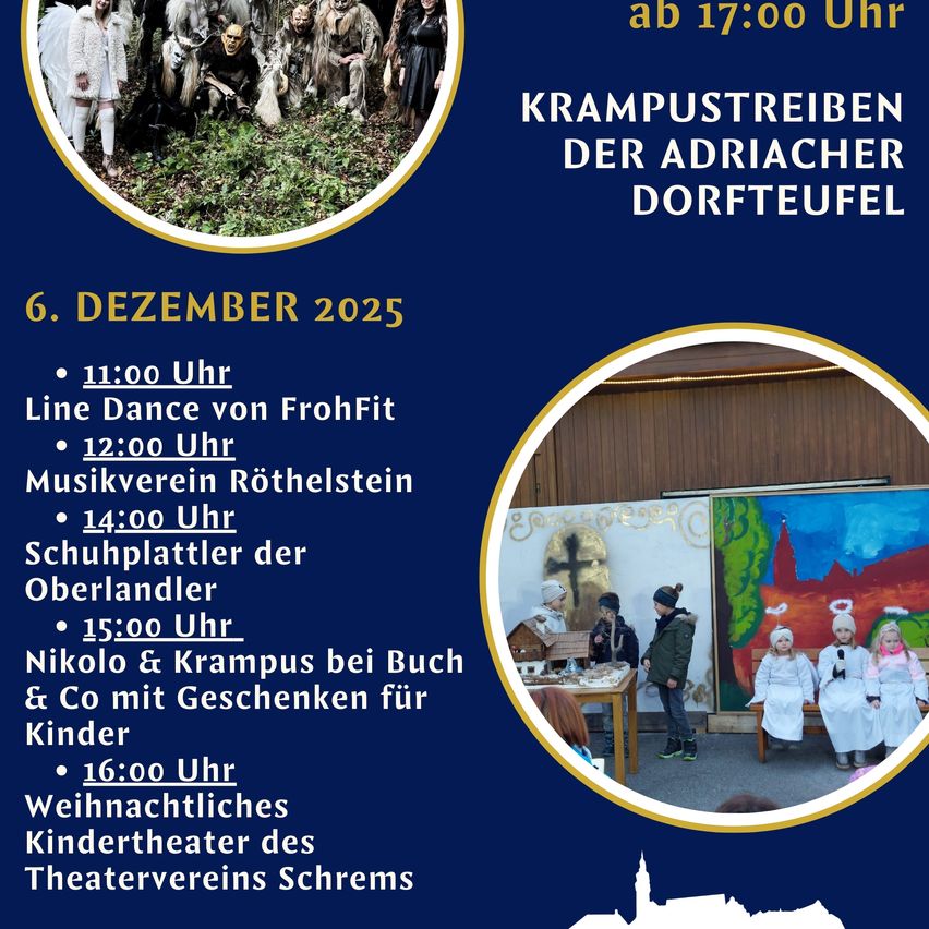 Plakat für Krampustreiben der Adriacher Dorfteufel, datiert auf den 6. Dezember 2025. Veranstaltungen umfassen Line Dance um 11:00, Musik um 12:00, Schuhplattler um 14:00 und Weihnachtskindertheater um 16:00.