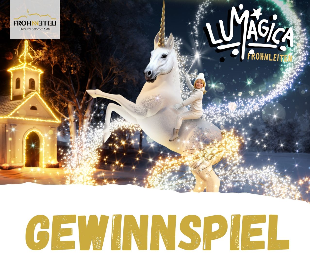 Ein Bild einer jungen Frau, die auf einem Einhorn reitet, mit einem Schloss und Bäumen im Hintergrund. Die Worte 'Lu Magic Frohnleite' sind prominent angezeigt.