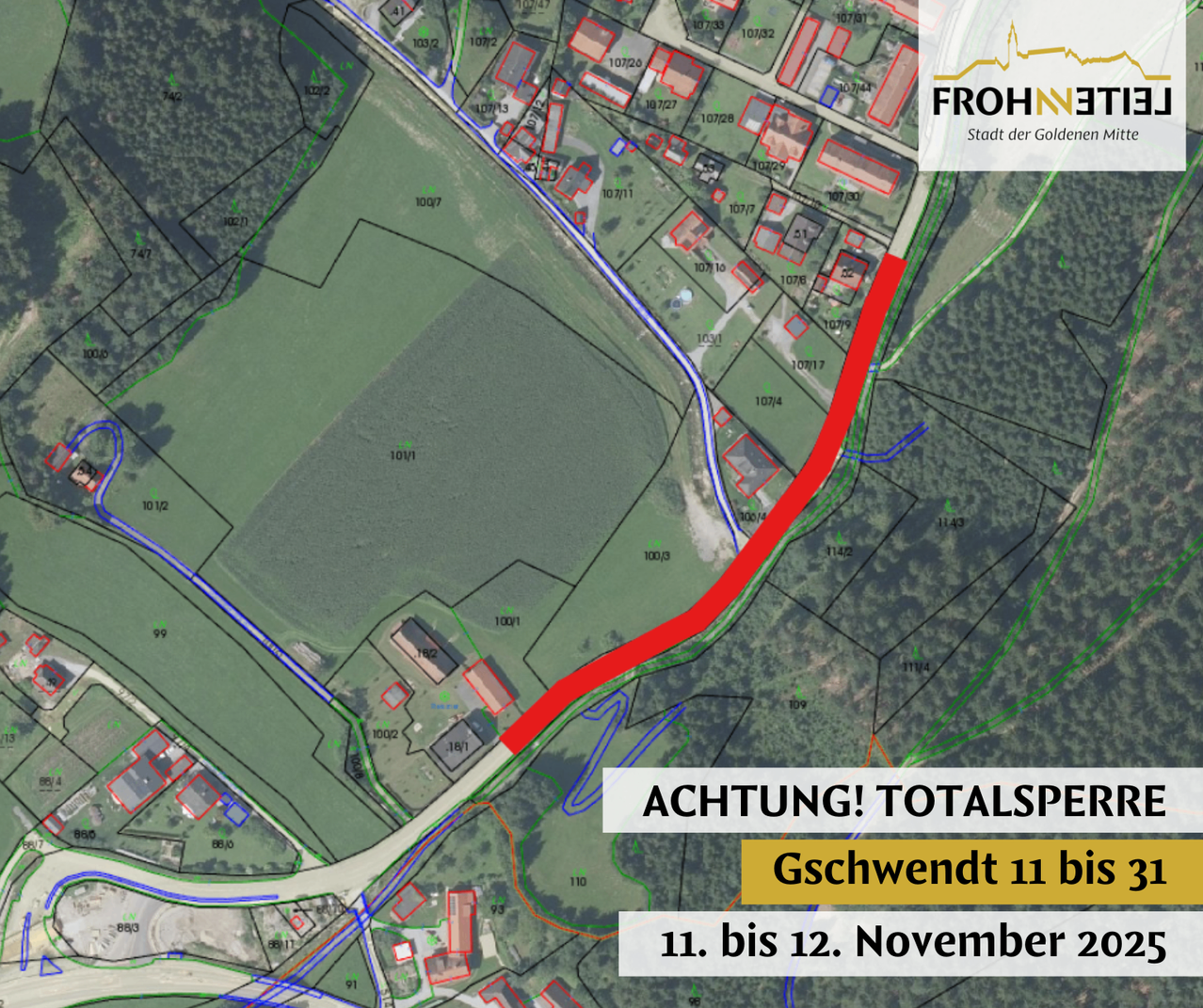 Map shows area with warning for total closure. Red line indicates area of concern. Notice reads 'ACHTUNG! TOTALSPER'. Date range given is from 11 to 12 November.