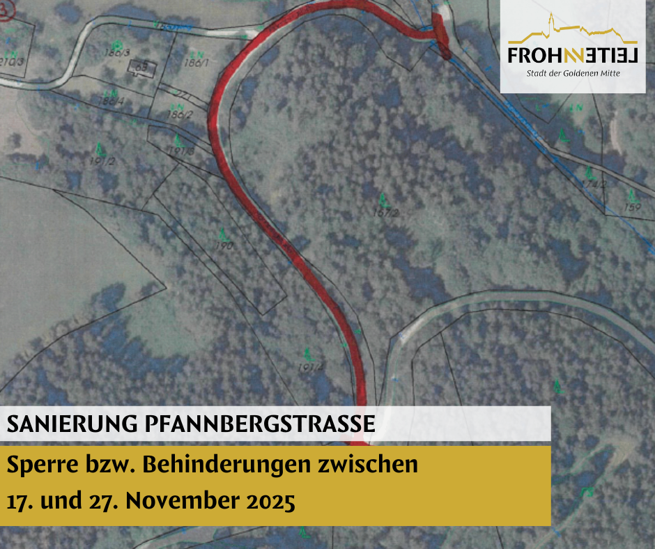 A map shows a red line crossing a landscape with text overlays indicating construction on Pfannenbergstrasse and delays between 27th November 2023 and 27th November 2025.