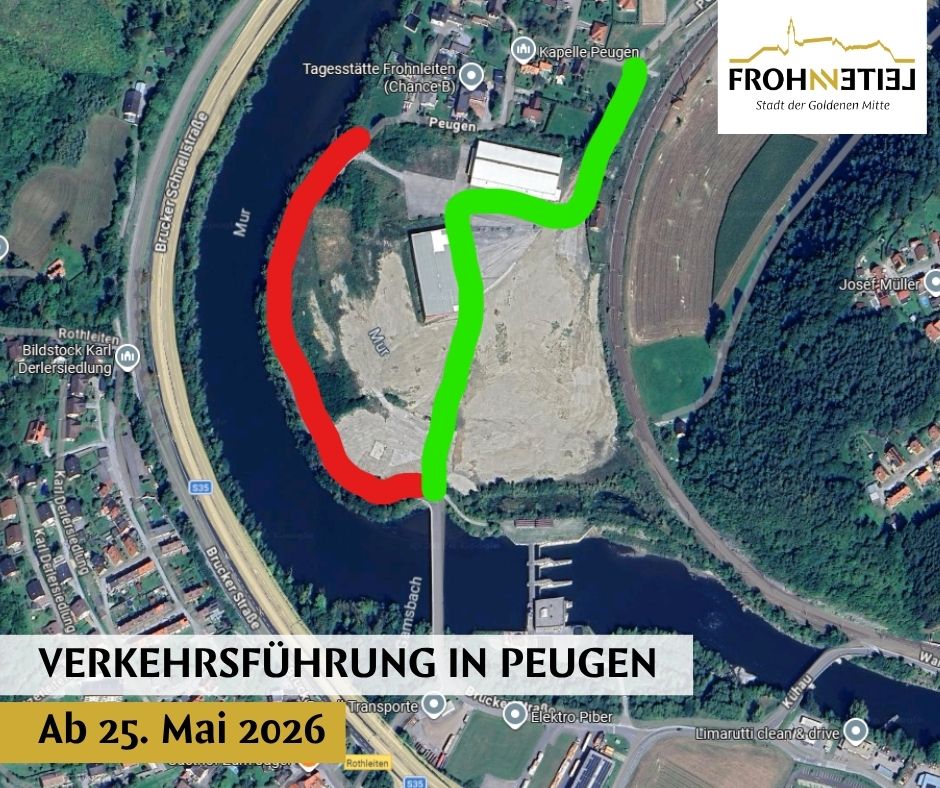 Eine Karte zeigt eine Verkehrsroute in Pfeuge, wobei ein grüner Pfad die neue Route und ein roter Pfad die alte Route anzeigt. Die Karte hebt den Termin 25. Mai 2026 hervor.
