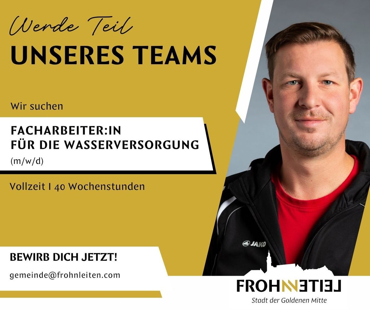 A man is featured on a yellow and white poster advertising for a job in water supply. He wears a red shirt and black jacket with a white logo. The text says 'Join our team' and 'We are hiring'.