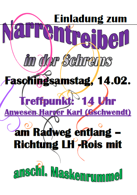 Invitation to Narrentreiben on Fasching Saturday, February 14th, meeting at 2 PM. Location along the road heading towards LH-Rois with attached mask bundle.