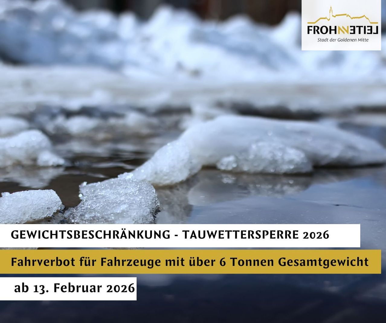 Frozen ice floes in water, 'Frohnen' watermark on top, warning text below, date 13. February 2026.