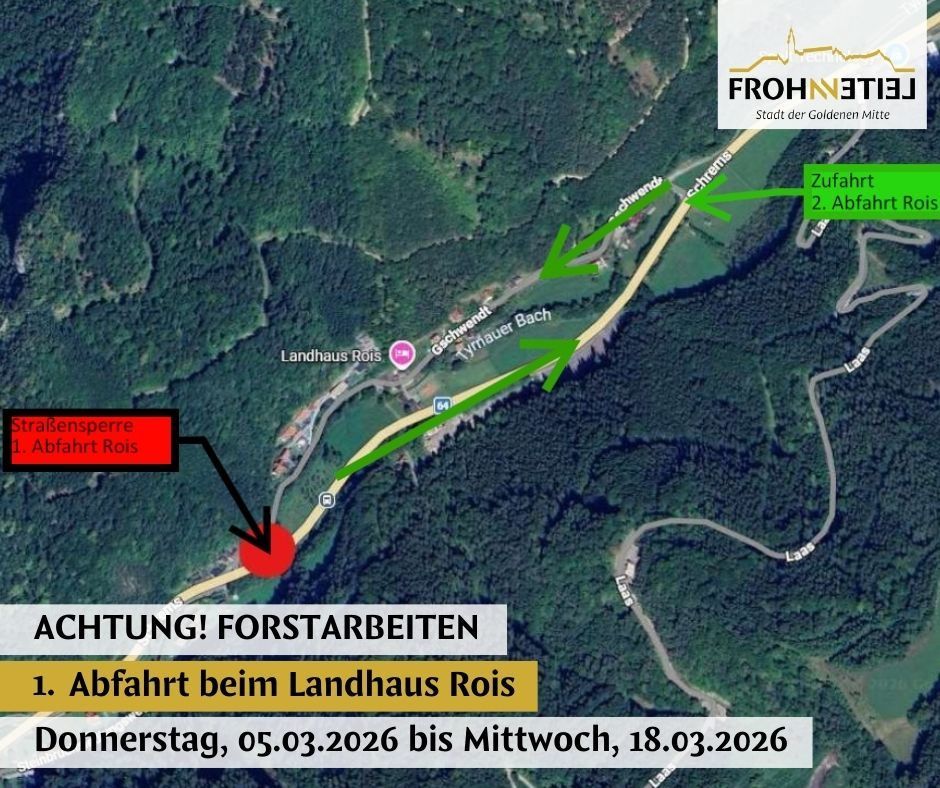 A map showing a route from the Frohnnet area. It starts at Landhaus Rois and ends at the 2nd Abzweig. The journey is from March 5, 2026, to March 18, 2026.