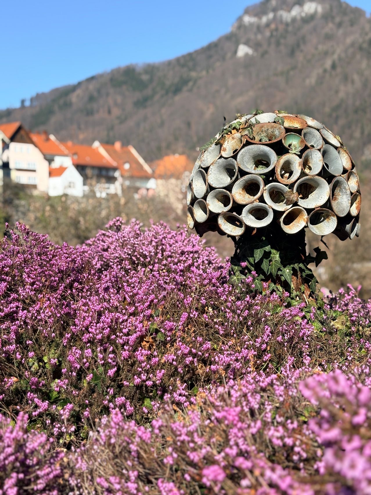A field of pink flowers with a large tree stump covered in rust-colored metal pieces and green leaves. In the background are houses with orange roofs and a mountain.
