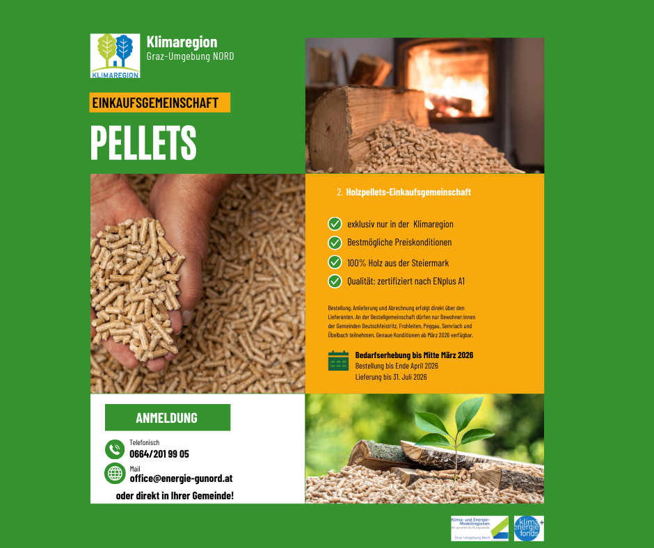 Eine Anzeige für Holzpellets in der Klimaregion. Es zeigt eine Hand, die Pellets hält, ein Feuer im Kamin und eine Pflanze. Der Text erwähnt exklusive Verfügbarkeit, Preisbedingungen und Qualität. Die Kontaktdaten werden angegeben.