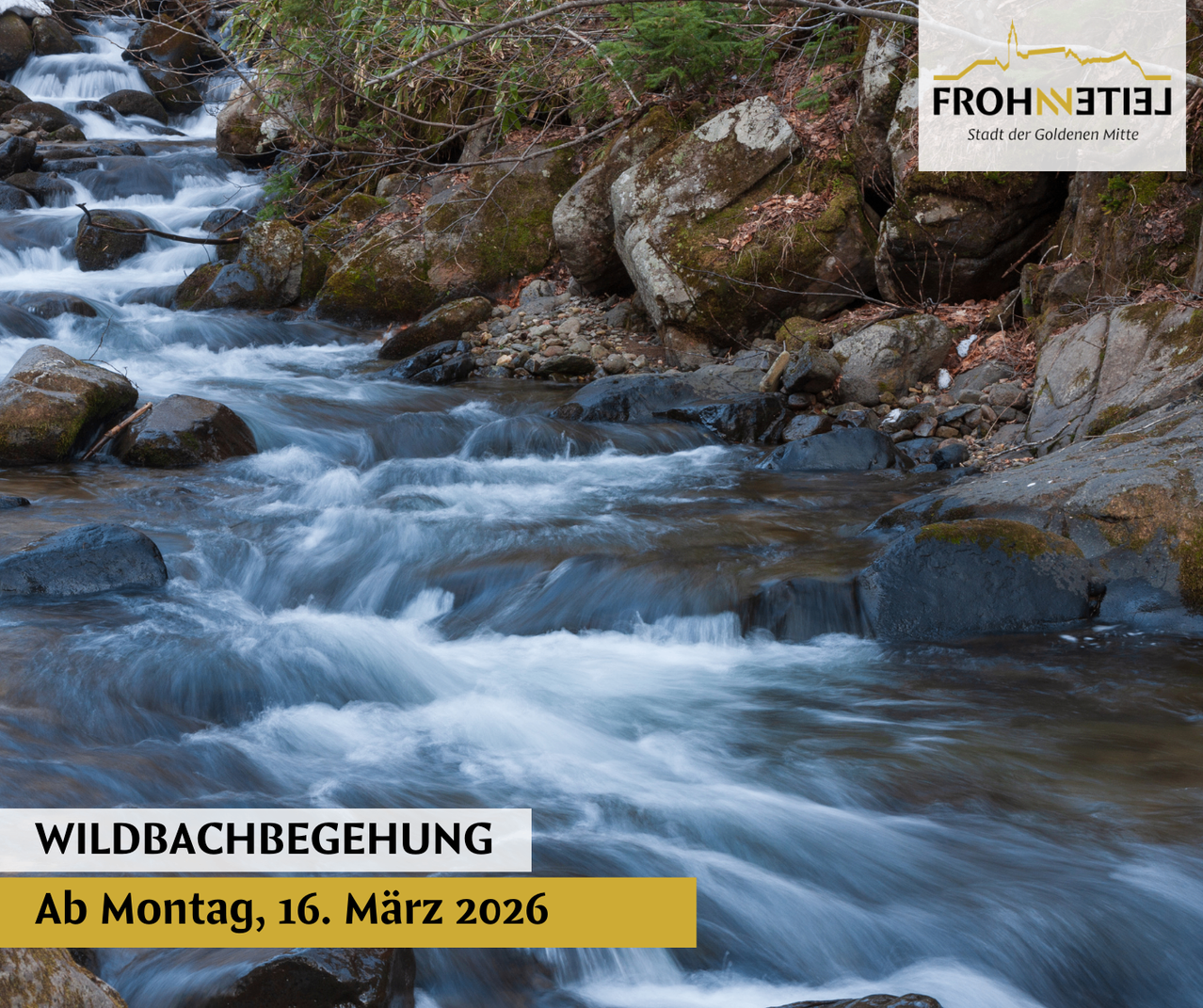 Ein fließender Fluss mit Felsen und grünem Moos. Das Wasser stürzt von Felsen auf der linken Seite herab. Das Datum 'Montag, 16. März 2026' ist in einem gelben Banner angezeigt.
