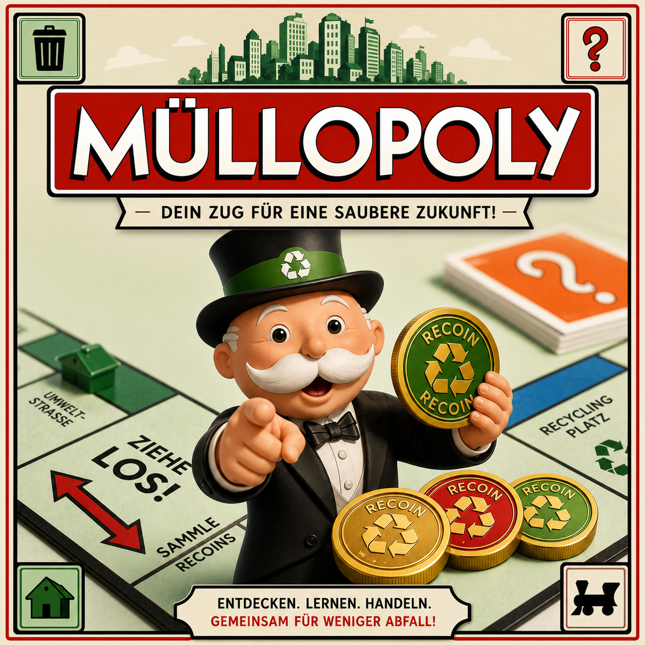 A Monopoly board game with a character holding coins and a recycling symbol, promoting a clean future.