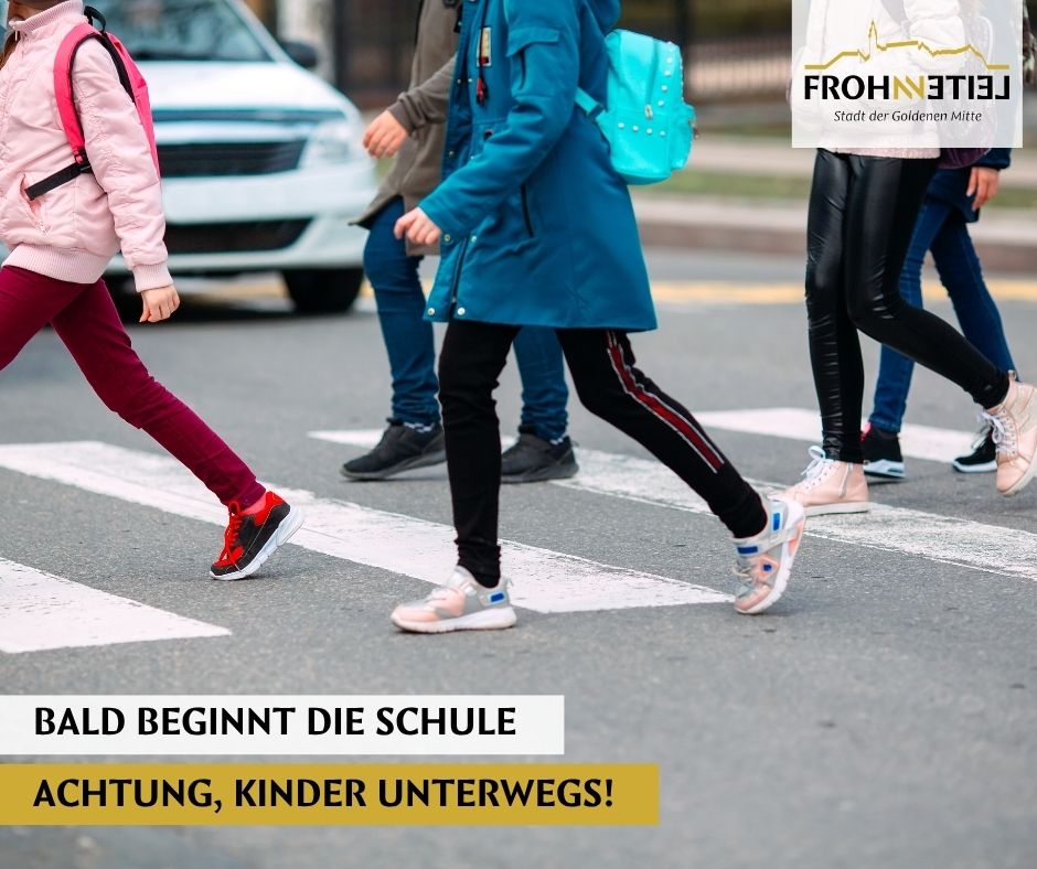 Children cross the street with backpacks and sneakers, a car parked nearby, and a sign reading 'LD BEGINNT DIE SCHULE'.