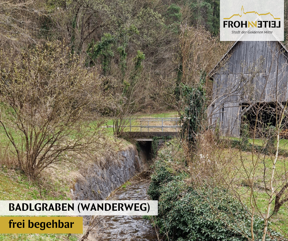 Ein Bild von Frohnleiten, einer Stadt in Österreich, zeigt einen Wanderweg und einen Bach mit einer Brücke.