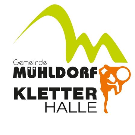 Logo fur Gemeinde Muhldorf Kletter Halle, mit einem stilisierten Buchstaben M in Grun und einer orangefarbenen Silhouette einer kletternden Person. Der Text ist in fetter schwarzer Schrift.