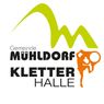 Logo fur Gemeinde Muhldorf Kletter Halle, mit einem stilisierten Buchstaben M in Grun und einer orangefarbenen Silhouette einer kletternden Person. Der Text ist in fetter schwarzer Schrift.