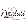 Ein Logo zeigt das Wort 'Nevaliebt' mit einem Herzen und einem stilisierten Fadendesign in Rot und Schwarz auf weißem Hintergrund.