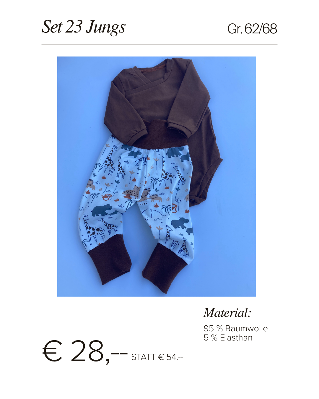 Ein Bild zeigt einen blauen Hintergrund mit einem Set Kinder-Pyjamas. Der Pyjama hat einen blauen Boden mit einer Giraffe und anderen Tieren, gepaart mit einem braunen Oberteil. Unter dem Bild steht 'Material: 95% Baumwolle 5% Elasthan' und 'EUR 28.00 statt EUR 54.00'.