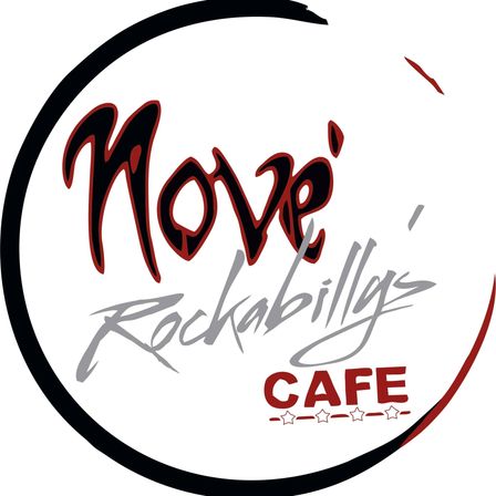 Ein rundes schwarzes und rotes Logo für Move Rockabilly Cafe. Das Wort Move ist in fetten roten Buchstaben, und Rockabilly ist in einer kursiven Schrift darunter. Fünf rote Sterne sind unter dem Wort Cafe.