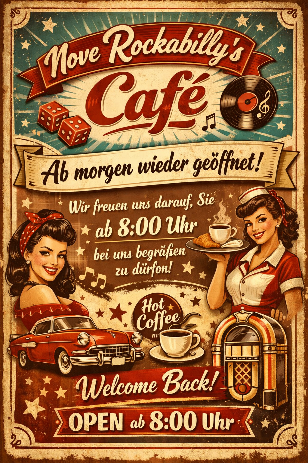 Ein Vintage-Cafe-Werbeplakat zeigt zwei Frauen, ein klassisches Auto und einen Jukebox. Es kündigt 'Ab morgen wieder geöffnet!' mit der Versprechung von heißem Kaffee und Gebäck ab 8:00 Uhr an.