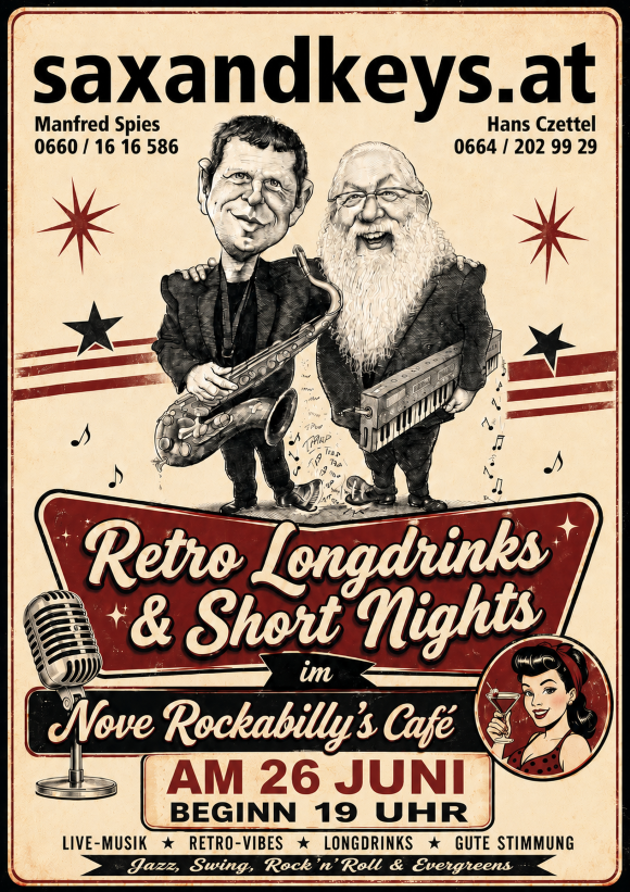 Poster for a retro event featuring musicians. Saxophonist and keyboardist with music notes around them. Date: June 26, starting at 7 PM.