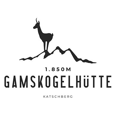 Das Logo für Gamskogelhütte Katschberg zeigt eine Silhouette einer Ziege, die auf einem Berggipfel in 1.850 Metern über dem Meeresspiegel steht.