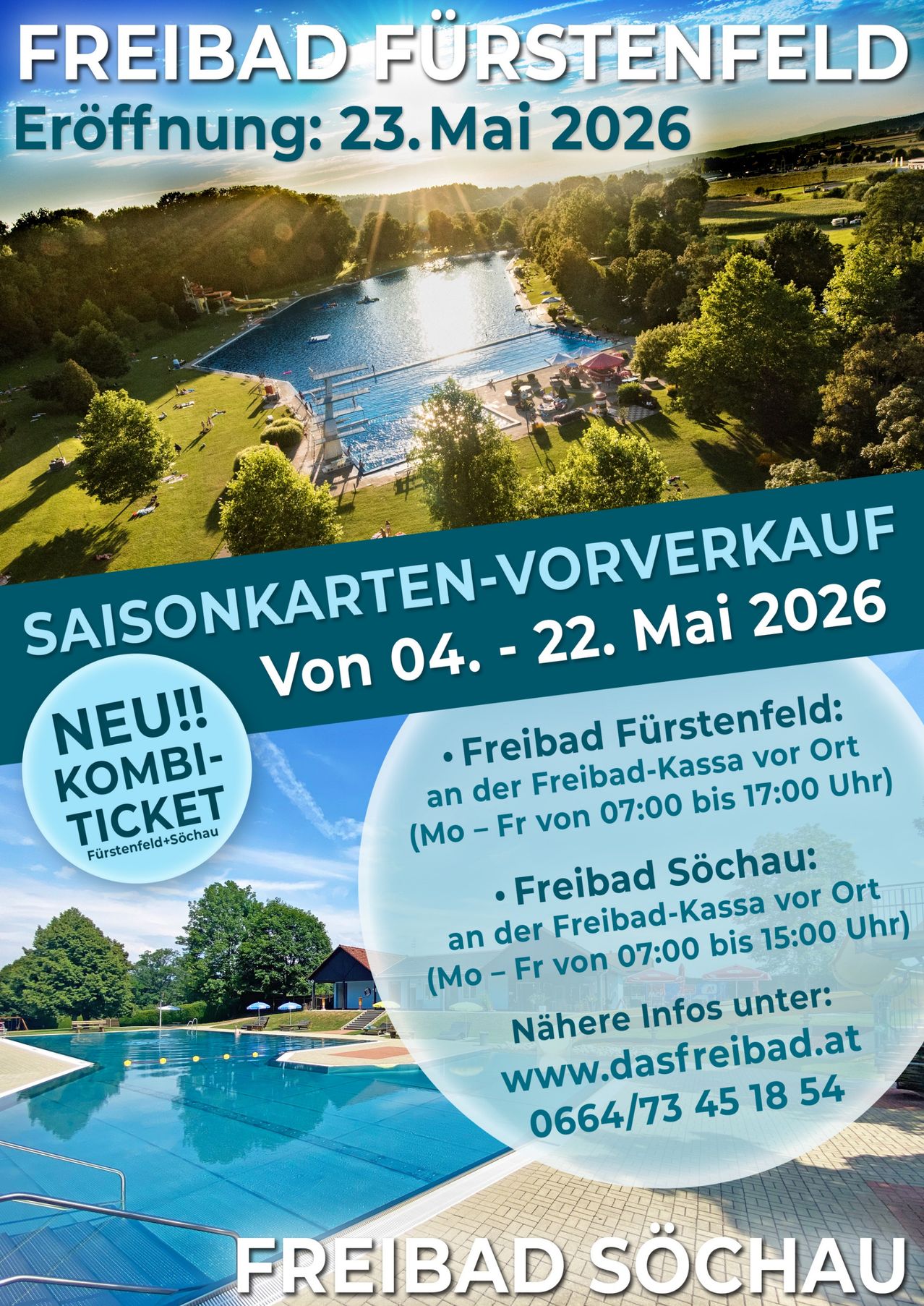 Plakat für den Vorverkauf von Saisonkarten für die Freibäder Fürstenfeld und Sochau. Termine: 04. bis 22. Mai 2026. Barzahlung vor Ort möglich.