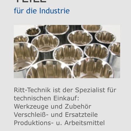 Ein Poster zeigt mehrere metallische Becher. Der Text besagt, dass Ritt-Technik ein Spezialist für den industriellen Einkauf von Werkzeugen, Zubehör, Verschleiß- und Produktions- und Arbeitsmaterialien ist.