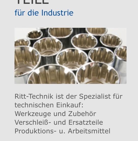 Ein Poster zeigt mehrere metallische Becher. Der Text besagt, dass Ritt-Technik ein Spezialist für den industriellen Einkauf von Werkzeugen, Zubehör, Verschleiß- und Produktions- und Arbeitsmaterialien ist.