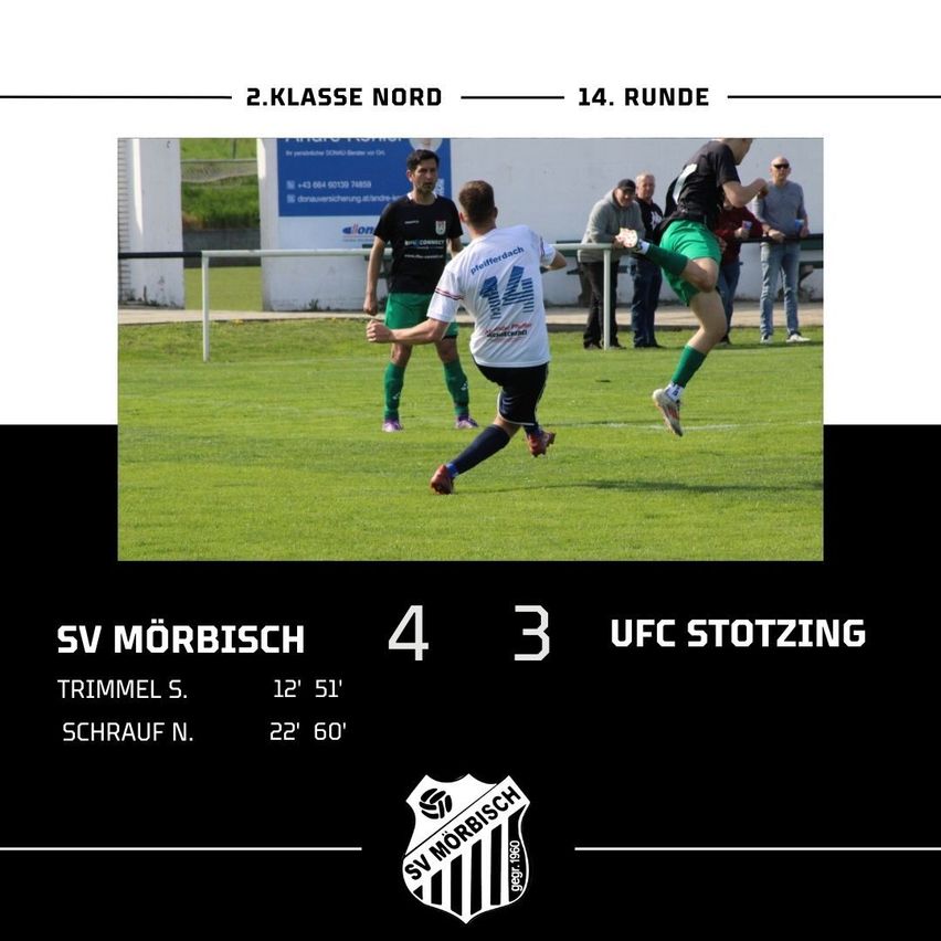 Ein Fußballspiel zwischen SV Morbisc und UFC Stotzing. SV Morbisc gewann mit einem Ergebnis von 4 zu 3.