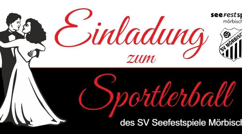 Eine Einladung zum Sportlerball des SV Seefestspiele Mörbisch. Ein Mann und eine Frau küssen sich. Die Worte sind rot.