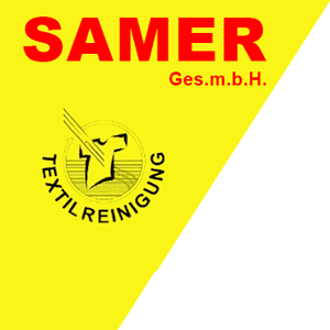Gelber Hintergrund mit rotem Text, der 'SAMER Ges.m.b.H.' und ein Logo mit einem stilisierten Hemd und einem gelben Dreieck zeigt.