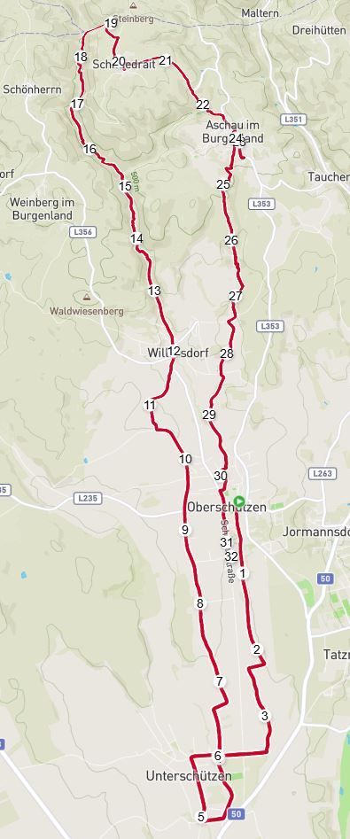 Eine Karte, die eine Route mit mehreren nummerierten Haltepunkten entlang einer Straße durch bergiges Gelände zeigt. Der Ausgangspunkt ist bei 'Weinberg im Burgenland', und die Route verläuft durch verschiedene Punkte, darunter 'Will12sdort' und 'Oberschoitzen'.