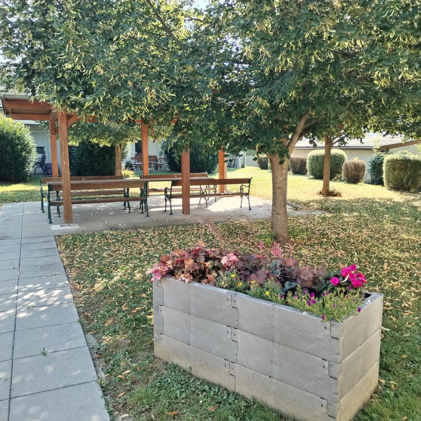 Eine Parkbank unter einem Pavillon mit einem Baum und einem Pflanzkasten mit Blumen im Vordergrund.