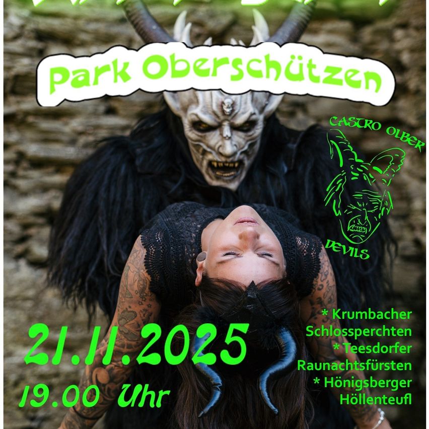 Plakat mit einer Frau, die liegt, Hörner auf dem Kopf, mit einer Dämonenmaske über ihr. Datum: 21.11.2025, Zeit: 19:00. Veranstaltungen in Krumbach, Schlosspforchten, Teesdorf, Rauchnachtsfürsten, Hönigsberg, Höllenteufl.