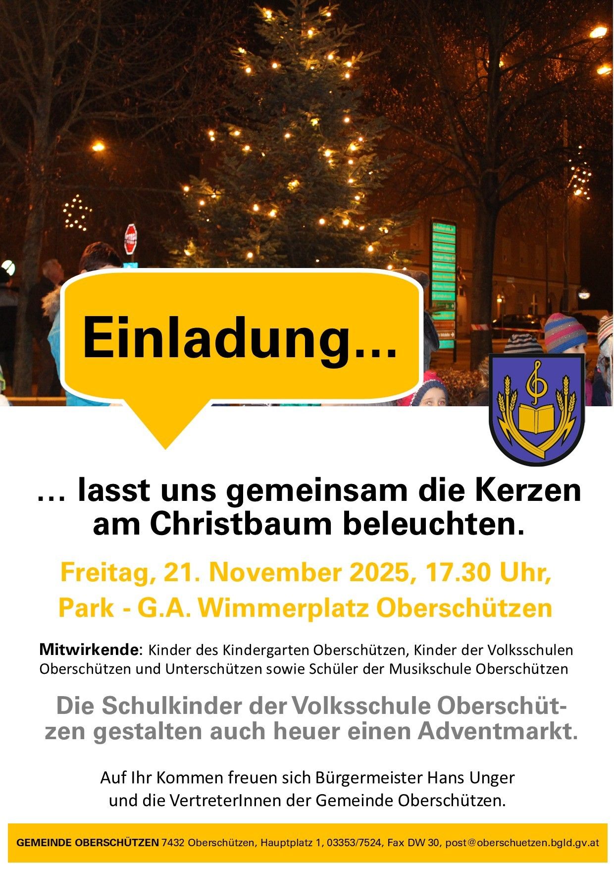 Anzeige für eine Weihnachtsbaumbeleuchtungsveranstaltung in Oberschützen. Die Veranstaltung findet am Freitag, 21. November 2025, um 17:30 Uhr am Park G.A. Wimmerplatz Oberschützen statt.