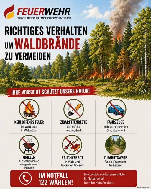 Ein Plakat mit der Überschrift 'Richtiges Verhalten um Waldbrände zu vermeiden' zeigt verschiedene Sicherheitstipps zur Verhinderung von Waldbränden. Es enthält keine offenen Feuer oder Rauchverbot im Wald. Fahrzeuge dürfen nicht auf trockenem Gras abgestellt werden. Grillen ist in Waldgebieten und auf trockenen Wiesen verboten. Im Notfall sofort wählen Sie 122.