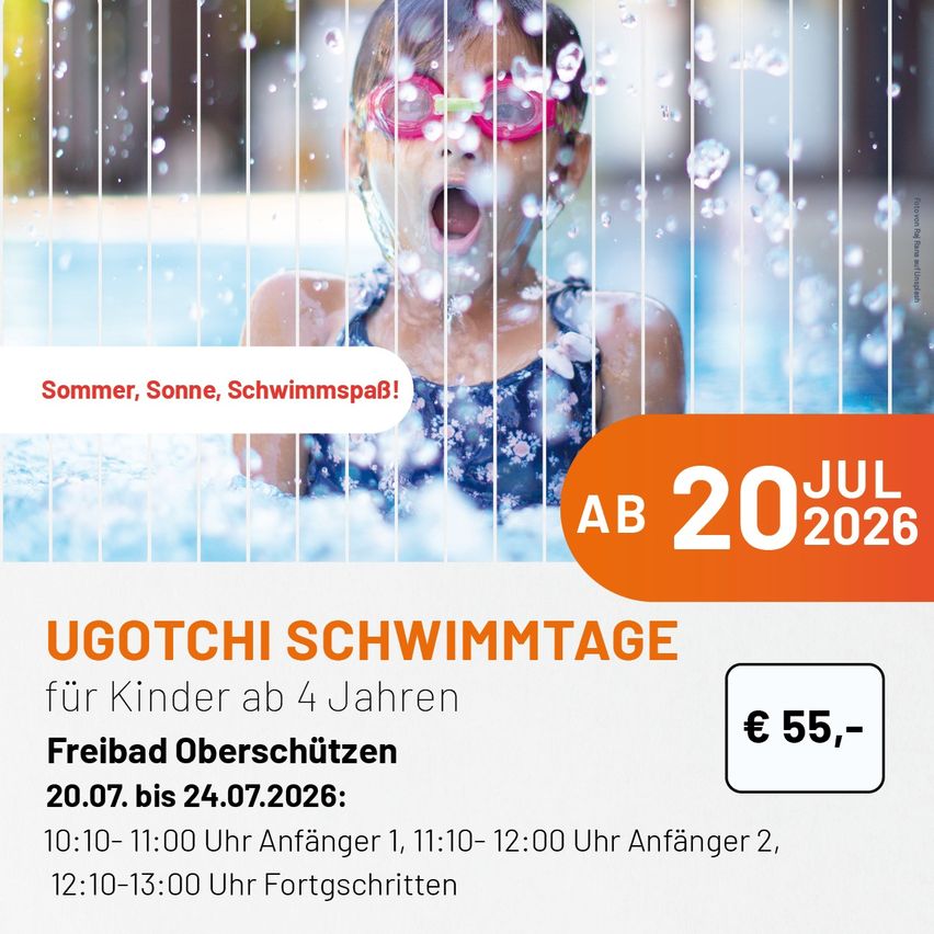 Plakat für kostenlose Schwimmtage für Kinder ab 4 Jahren. Vom 20. Juli bis 24. Juli 2026. Die Kosten betragen 55 Euro. Die Zeiten sind von 10:10 bis 11:00, 11:10 bis 12:00 und 12:10 bis 13:00 Uhr.